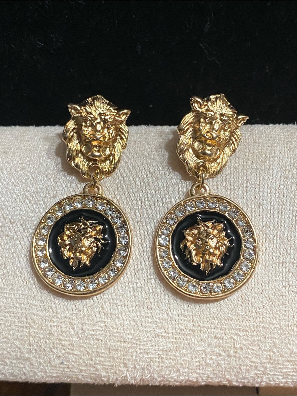 Gold Lion Head Drop Earrings with Black Enamel and Crystals
